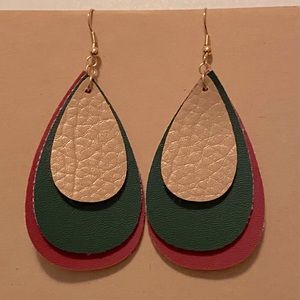 Handmade Faux Leather Earrings-Red, Green, & Gold